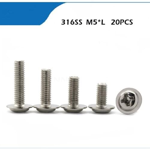 Free shipping 316 Stainless Steel M5 Round Pan Phillips Cross Head machine Computer Washer Pad machine Screws