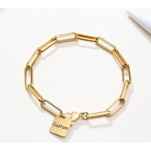 HUHUI Custom Name Bracelet With Square Pendant Personality Nameplate Stainless Steel Rectangle Chain Women Jewelry Birthday Gift