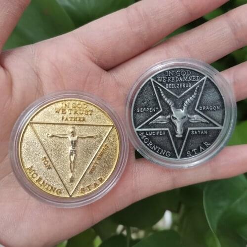 RJ Gold Lucifer Morningstar Coin Keychain Double Sides Fallen Angels Satanic Badge Keyring Women Men Souvenir Gift