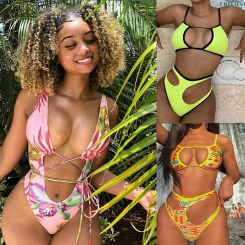 Floral Print Beach Swimsuit Women Sexy Cut Out Lace Up Bikini Boho Geometric Printed Swimwear Beachwear Bathing Suits