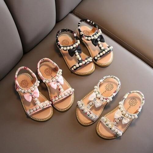 Kids Shoes for Girls New Summer Sandals Children Pearl Beading Wedges Beach Sandals Enfants School Flat Shoe for Baby Flat