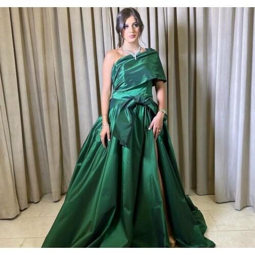 Elegant Long One Shoulder Green Taffeta Evening Dresses with Slit A-Line Floor Length Zipper Back Formal Party Gowns for Women