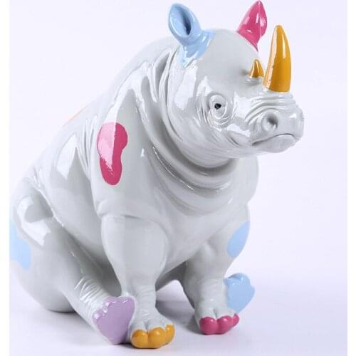 WU CHEN LONG Spot Rhinoceros Statue Figurine Cute Animals Art Sculpture Resin Crafts Nordic Home Decorations Ornament Gift R1007