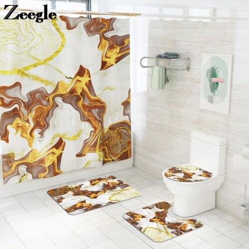 Gold Geometric Pattern Flannel Bathroom Bath Mat with Polyester Waterproof Shower Curtain Anti-slip Floor Carpet for Toilet
