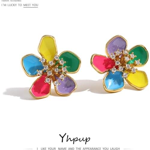 Yhpup Exquisite Colorful Flowers Stud Earrings for Women Enamel Metal Cubic Zirconia Earrings серьги женские Wedding Gift New