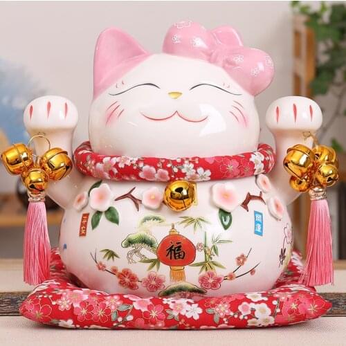 Cartoon Maneki Neko Oranment Ceramic Lucky Cat Figurine Pink BOW-TIE Fortune Cat Statue Home Decorative Money Box Piggy Bank