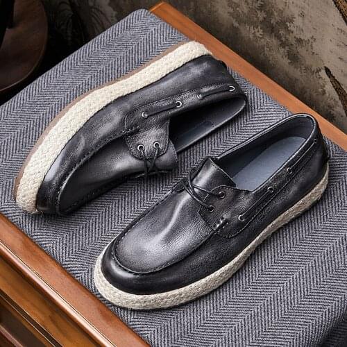 Classical Man Boat Shoes High End Woven Lace-up Loafers Boys Summer Trendy Casual Shoes Top Cow Leather