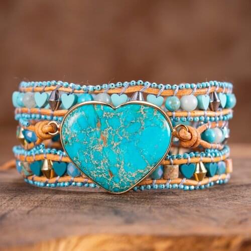 Blue Beaded Chain Handmade Leather Wrap Heart Love Bracelets Bangles