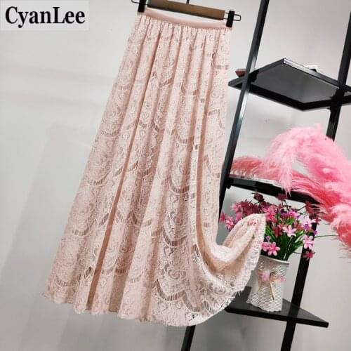 Cyanlee Lace Midi Skirt Women Fashion 2020 Summer Korean Cute Elegant Skirts Office A-line Skirt Female Noble Lady Clothes