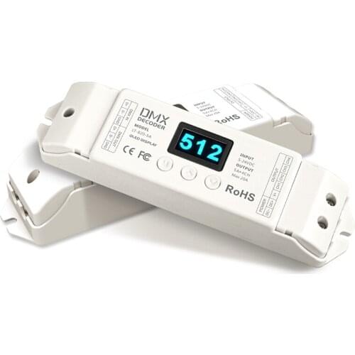 New Led DMX512 Decoder 4 Channel RGBW Strip Controller 5-24V Input DMX-PWM (8/16 Bits Optional,OLED Display);5A*4 CH Output