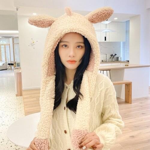 Cute Dinosaur Hat with Moving Jumping Ears Women Fleece Hooded Beanie with Scarf 2 In 1 Hoodie Cap Warm Bomber Hat Cosplay Party