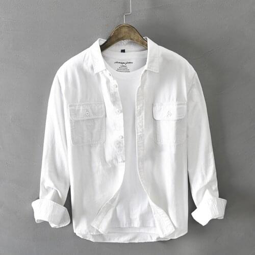 Z102 Autumn Winter Men Cargo Shirts Casual Cotton Japan Style Double Pocket Long Sleeve Solid Color Lapel Single-Breasted Tops