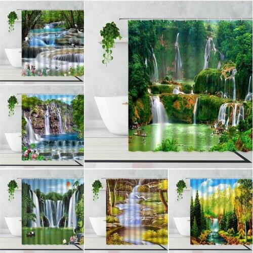 Natural Waterfall Scenery Shower Curtain Oil Painting Forest Wonders Home Decoration Curtain Waterproof Bathtub Screen With Hook