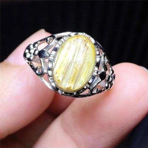 Genuine Natural Gold Rutilated Quartz Adjustable Ring Crystal Oval 925 Sterling Silver Wealthy Stone Ring 12x8mm AAAAAA