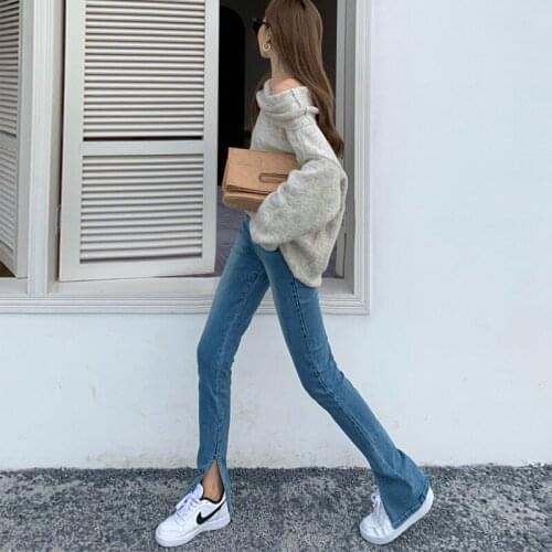Herfst Split Hoge Taille Pull Up Jeans Vrouw Skinny Leisure Rechte Broek Denim Mujer Slanke Mop De Vloer Broek Blauw s-L