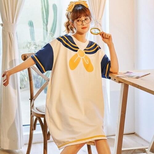 Casual Cartoon Nightgowns Night Dress Women Short Sleeve Summer Cotton Sleepwear Dress Women Pyjamas Girls Home Clothes