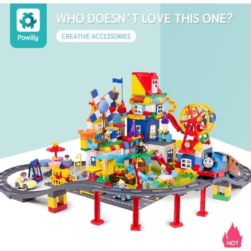 Powiily Train Bridge Building Blocks DIY Assembly Creative Educational Train Tracks Children Toys Compatible Big Size Brick Set