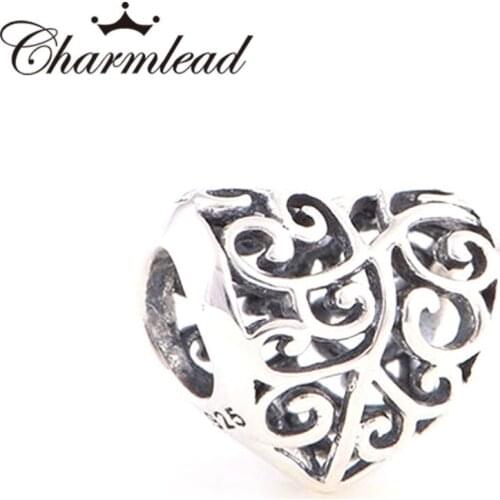 Charmlead 925 Sterling Silver Openwork Flower Heart Charm Beads Fits Original Charms Bracelet DIY Women Jewelry Making