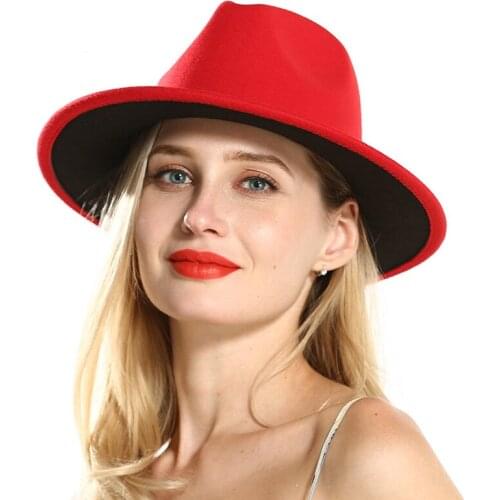 Woolen Wide Brim Felt Cap Gentleman Europe Formal Hat Men Women Black Red Patchwork Floppy Jazz Panama Fedora Hats Chevalier Hat