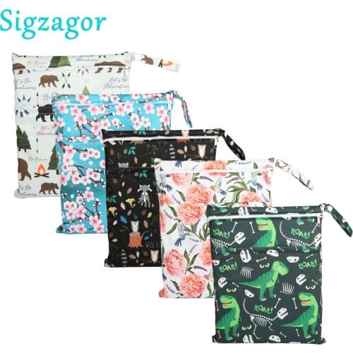 [Sigzagor] 5 Wet Dry Bags With Two Zippered Pocket Baby Diaper Nappy Reusable Waterproof