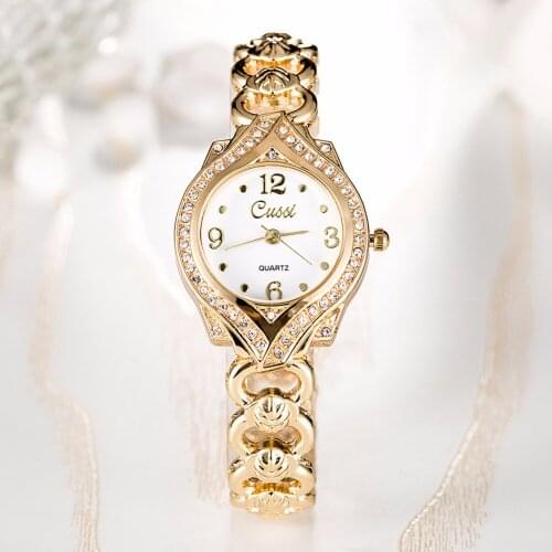 CUSSI 2018 Stylish Womens Watches Gold Luxury Ladies Bracelet Watches Dress Fashion Shiny Quartz Wristwatch reloj mujer Gifts