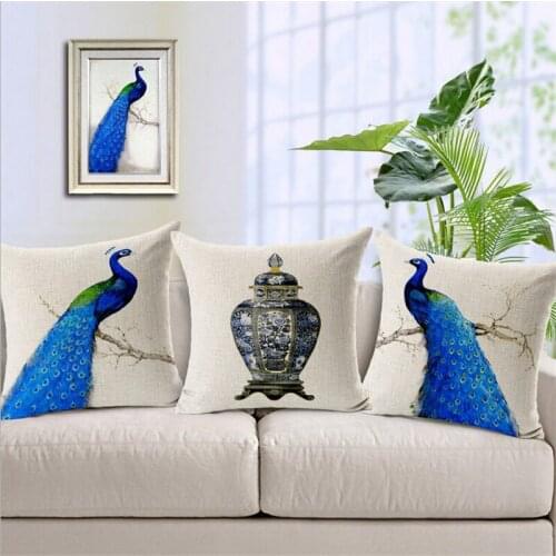 Vintage Peacock Cushion Covers Animal Feather Blue And White Porcelain Print Home Decor Sofa Seat Living Room Garden Pillowcases