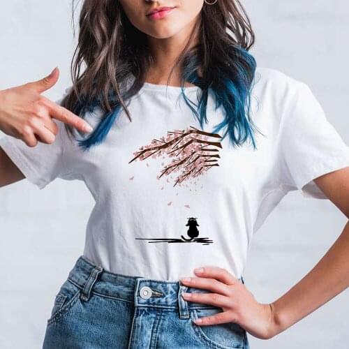 Animal Punk Women T-shirt Cartoon Clothing Design T Shirt Cat Under The Peach Tree Printed Beautiful Autumn Soft Girl Top ​Tshir
