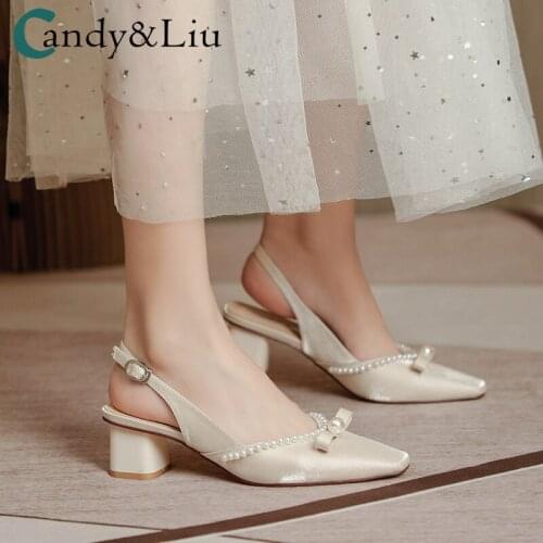 Women Sandals 2021 New Sandals Womens Summer High Heel Square Head Pearl Bow Fairy Wind Thick Heel Womens Middle Fat Heel