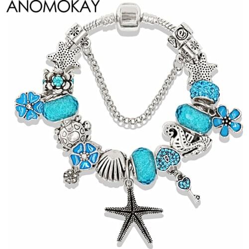 Blue Ocean Style Heart Flower Charm Bracelets & Bangles Dolphin Tortoise Bead Bracelets for Women Child Jeweley Gift