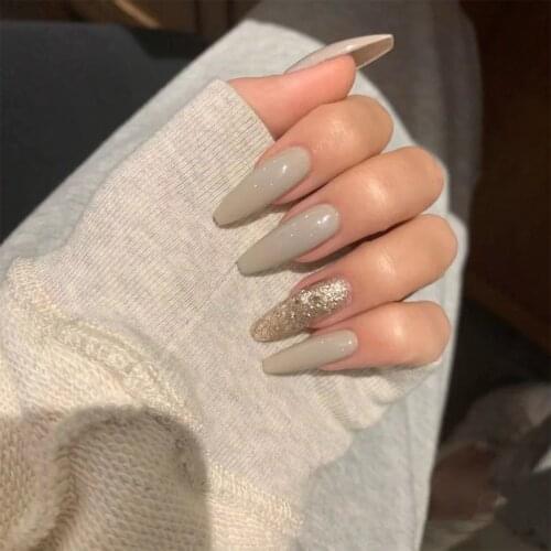 24pcs Morandi Grey Nail Patch Glue Type Removable Long Paragraph Fashion Manicure Save Time False Nail Patch Fake Nails
