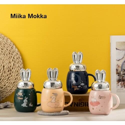 390ml Personality Portable Ceramic Mug with Lid Cute Mirror Cartoon Coffee Cup Water Cup Milk Mug Home Office Creative Rabbit