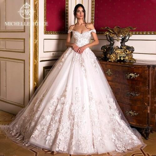 Michelle Royce Ball Gown Wedding Dresses 2020 Sexy Deep V-neck Off the Shoulder Appliques Lace Up Princess Chapel Train Gowns