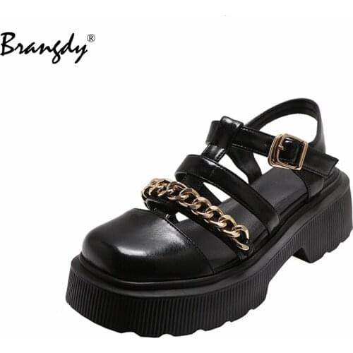 Brangdy Fashion Women Marry Jane Shoes Genuine Leather Women Sandals Lolita Chunky PlatformWomen Shoes Square Toe Metal Chain