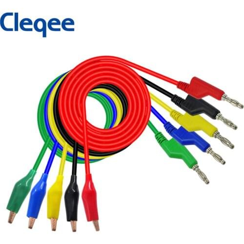 Cleqee P1044 5PCS 4mm Stackable Banana Plug To Copper Alligator Clip Test Lead kit Durable Test Cable for Multimeter 1M