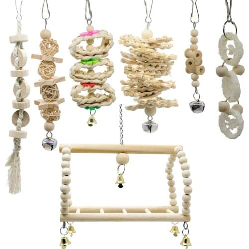 7 x Wooden Toys with Bell for Medium Parrots and Birds Like Amazon, African Grey and Cockatoos