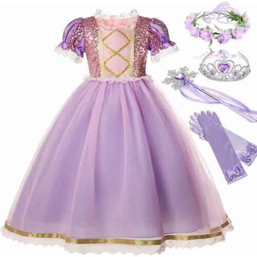 Tangled Princess Costume for Girls Short Sleeve Sequined Mesh Ball Gown Kid Exquisite Party Dress