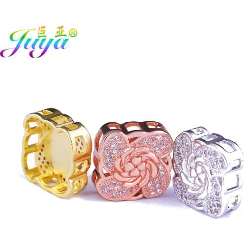 Juya DIY Charm Beads Micro Pave Zircon Floating Flower Decoration Metal Square Beads For Natural Stones Beading Jewelry Making