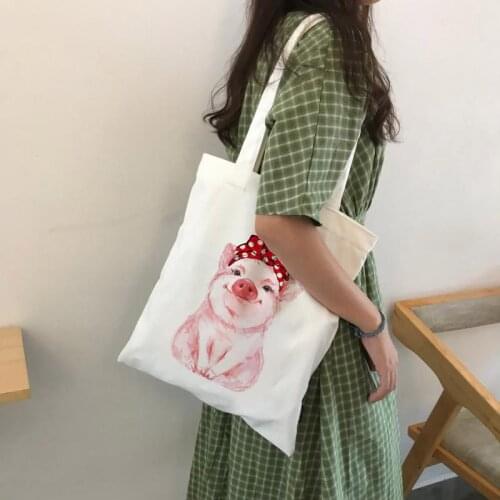 Cute Pig Print Canvas Shopping Bag Tote Shoulder Bags Casual Handbag for Girls School Bags Casual Reusable Foldable Travel Bag