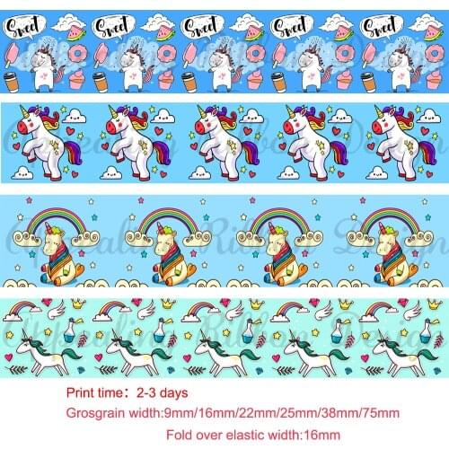 Custom cartoon unicorn printed grosgrain ribbon fold over elastic band party decor DIY bow sewing accessories ribbons 50 yards