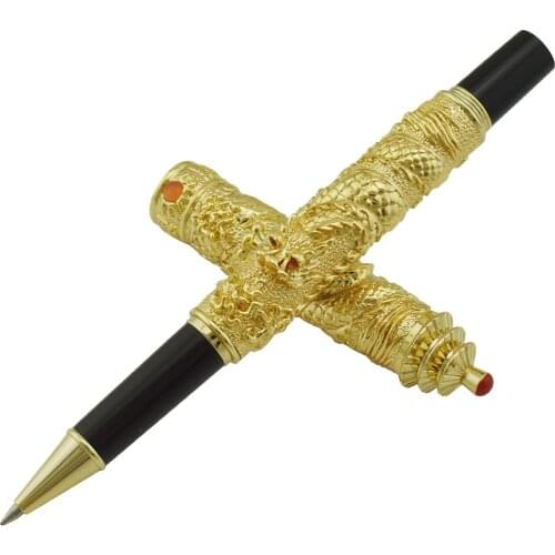 Jinhao Vintage Luxurious Rollerball Pen Golden Tower Cap Small Double Dragon Playing Pearl, Metal Carving Embossing Heavy Pen