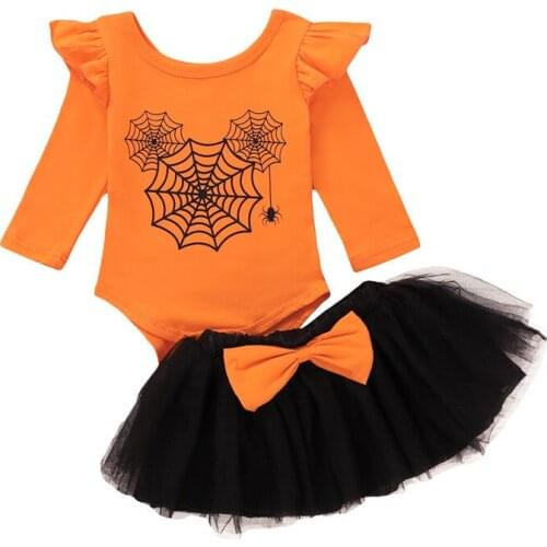 2020 Baby Girl Halloween Costumes Long Sleeve Spider Web Print Orange Romper Top Bowknot Tutu Skirt Girls 2Pcs Outfits Set