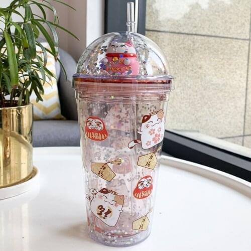 Creative Lucky Cat / Unicorn Water Cups With Straw Japanese Pink Cute Ice Cup Girls Double Wall Drinking Christmas Gifts Cups