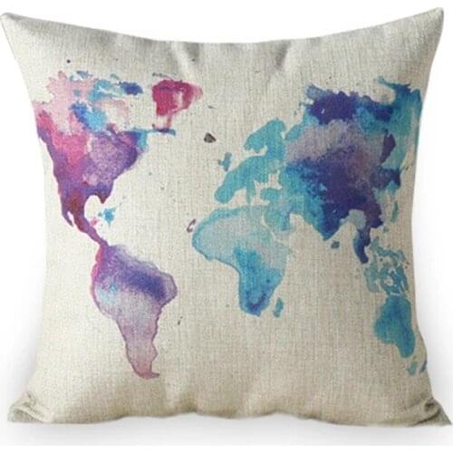 Creative Wtercolor World Map Blue Travel Iinen Pillow Home Decoration Sofa Waist Cushion Pillowcase