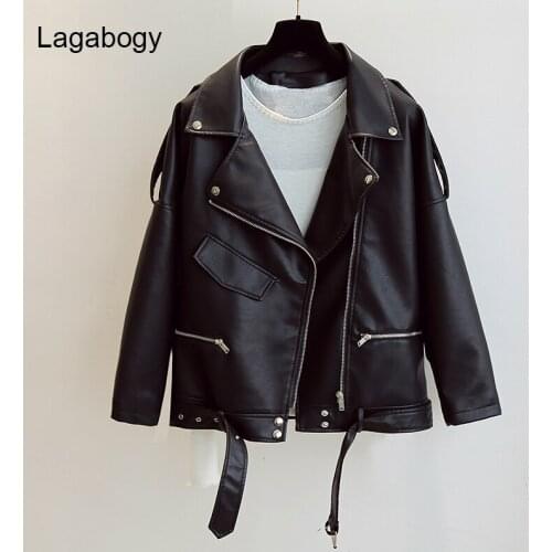 Lagabogy New Women PU Faux Leather Jacket Casual Moto Biker Jackets Outwear Female Tops BF Style Black Leather Coat With Belt