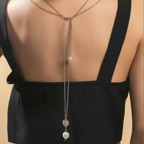 Trendy Female Gold Color Metal Long Chain White Pearl Pendants Multilayer Layered Back Necklaces For Women Party Jewelry Gift