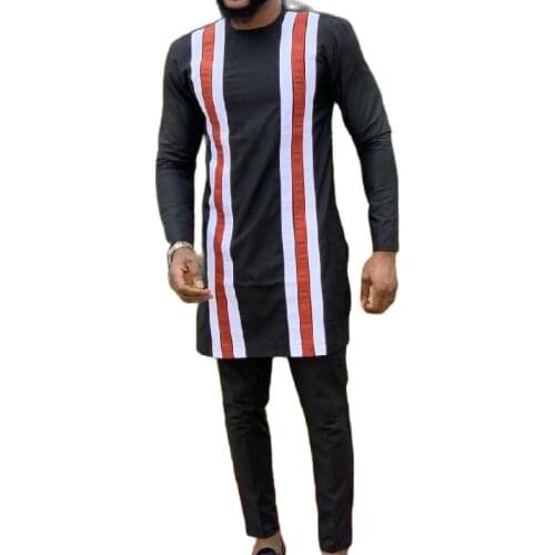 Senator Style Men African Suit Black Patchwork Tops And Solid Trousers Custom Made Mens Pant Sets Wedding Party Clothes