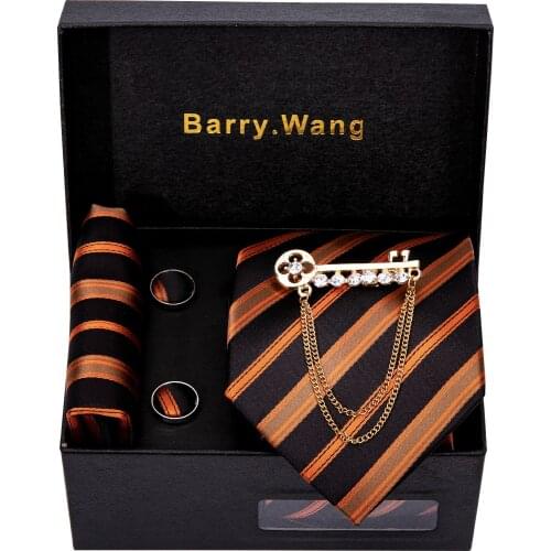 Men Wedding Orange Paisley Silk Tie Hanky Brooch Set Barry.Wang Jacquard Woven Neckties For Men Party Business Fashion Gift Box