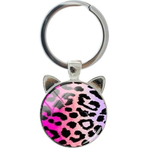 NEW Pink Leopard Pattern Trendy Keychain Handmade Silver-plated Cat Ear Keychain Fashion Mens And Womens Bags Accessories