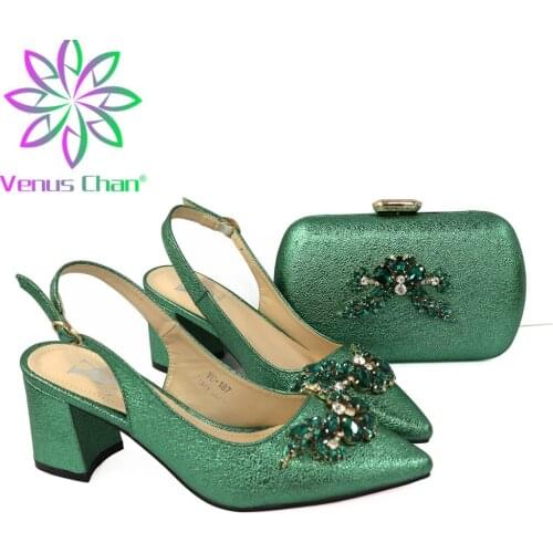 African 2021 New Arrival Italian Design Elegant Women Shoes and Bag Set Decorated With Flower in Green Color for Party