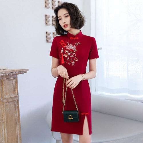Vintage Red Cheongsam Dress Woman Traditional Chinese Dresses Classic Stretch Cotton Qipao Costume Summer Party Vestido Chipao